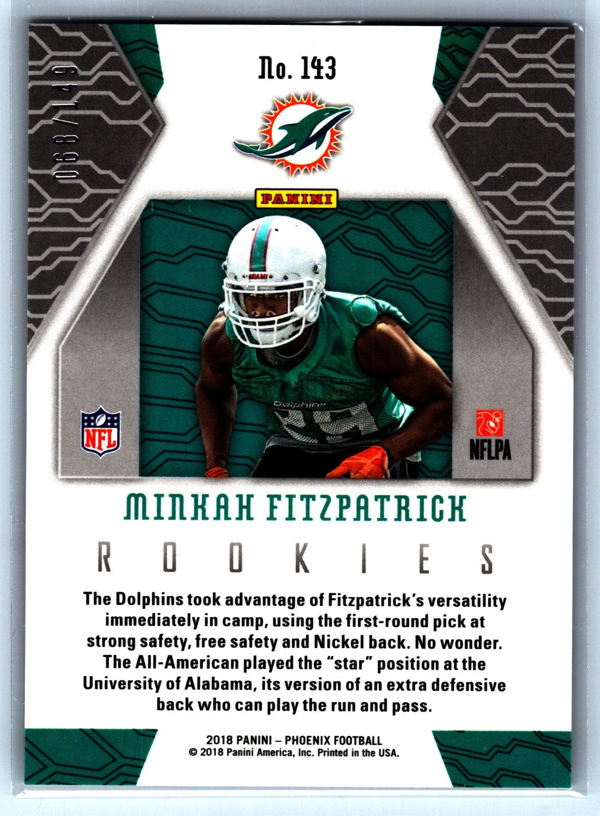 2018 Panini Phoenix - Minkah Fitzpatrick #143 numbered /149 Rookie RC
