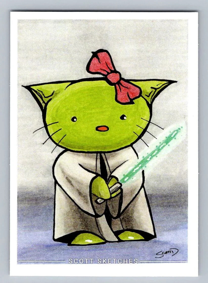 Hello Kitty Jedi Yoda Sketch Card - Scott Sketches Trading Card Print Fan Art