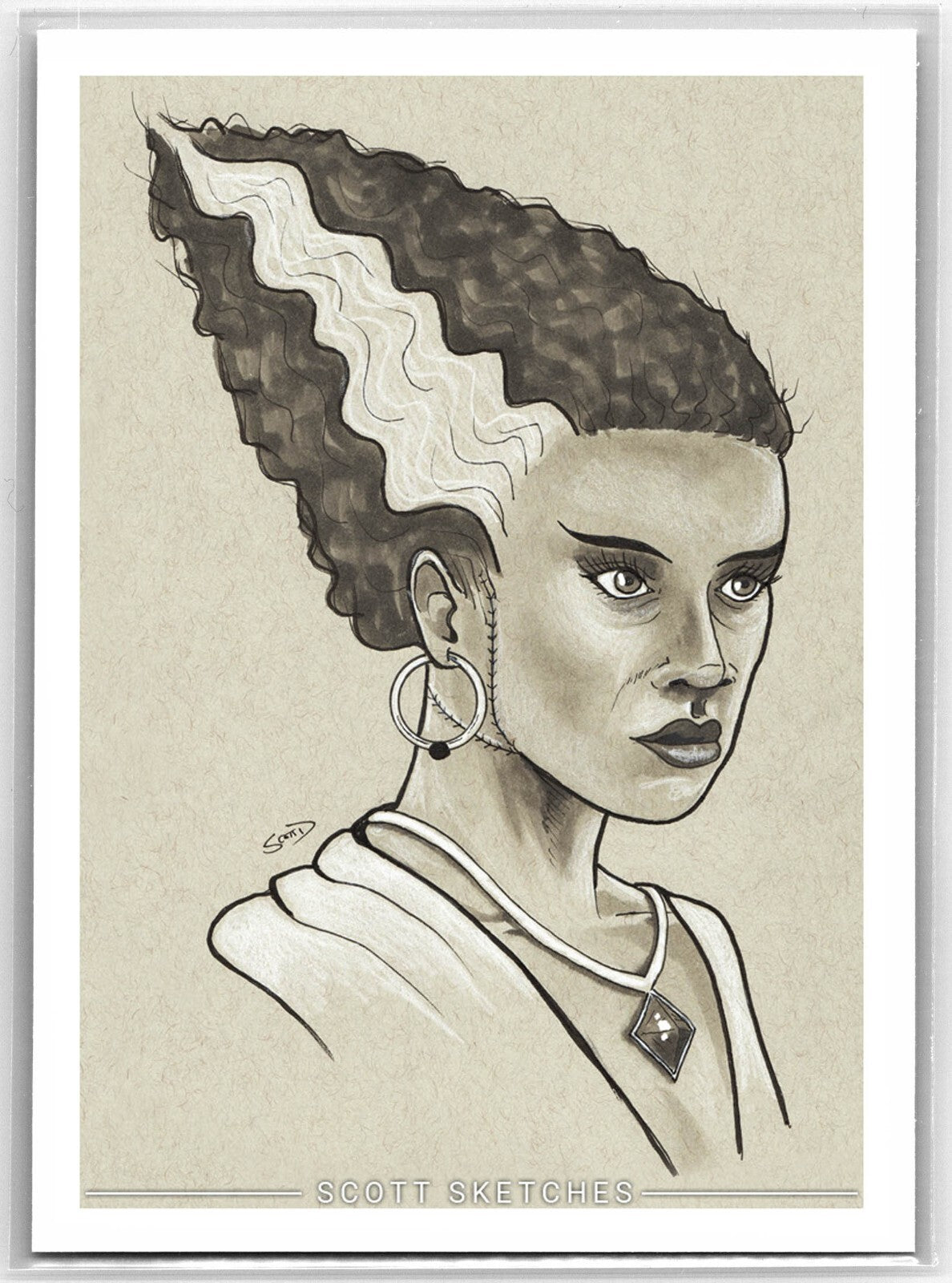 Frankenstein's Bride Sketch Card - Scott Sketches Trading Card Print Fan Art