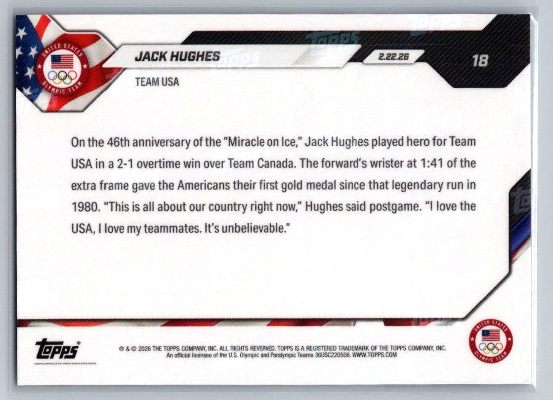 2026 Topps Now - Jack Hughes #18 - USA Hockey - Olympic Gold Game Winning Goal