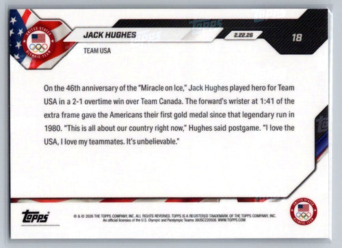 2026 Topps Now - Jack Hughes #18 - USA Hockey - Olympic Gold Game Winning Goal